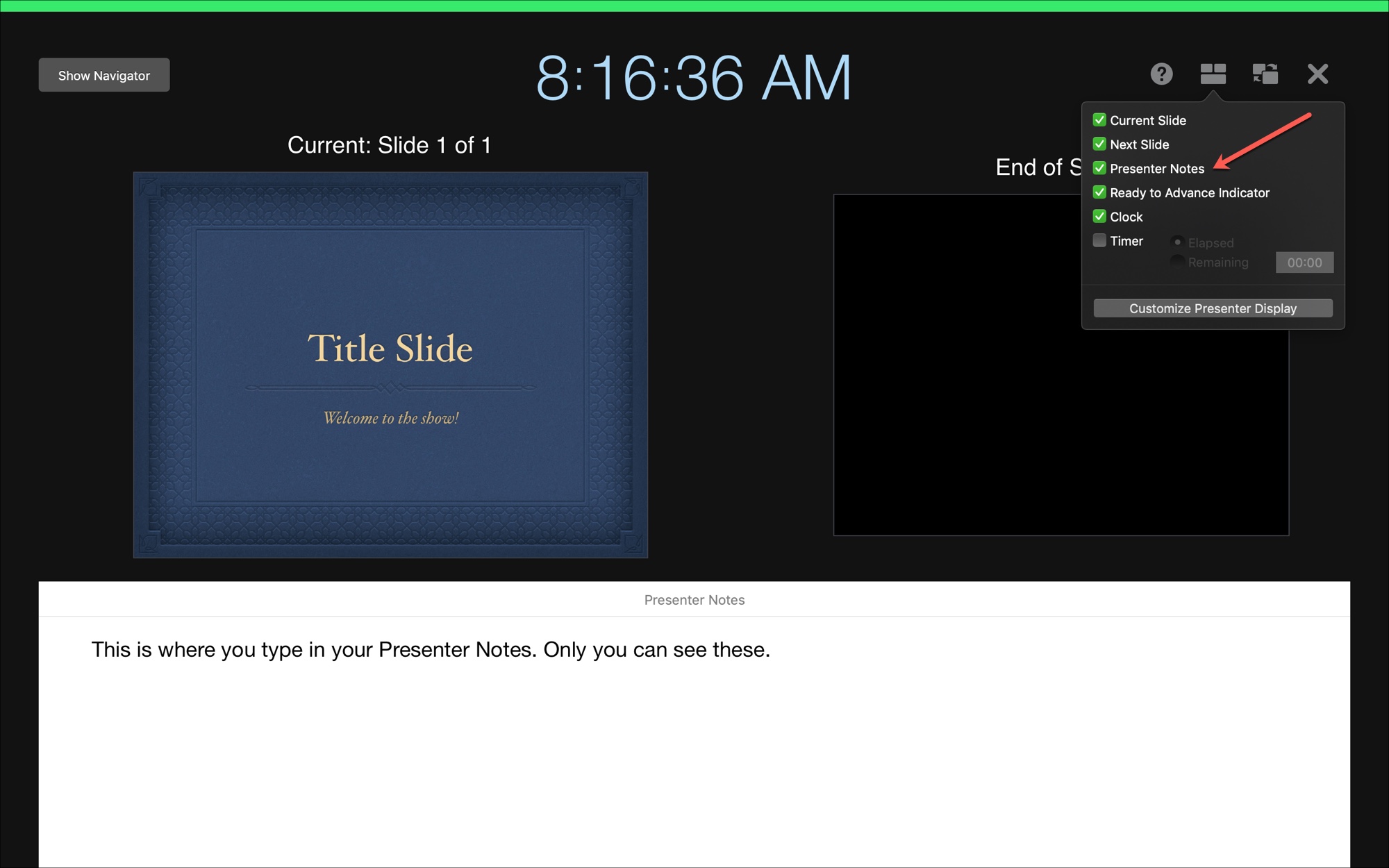 use presenter view in powerpoint for ipad to display slide on mac
